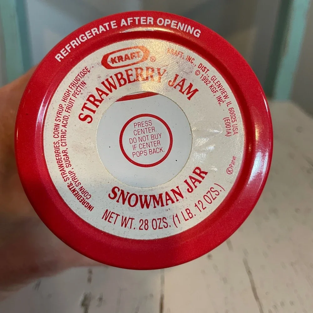 Vintage 1992 Kraft Strawberry Jam Snowman Glass Jar Red Lid 28oz Collectible